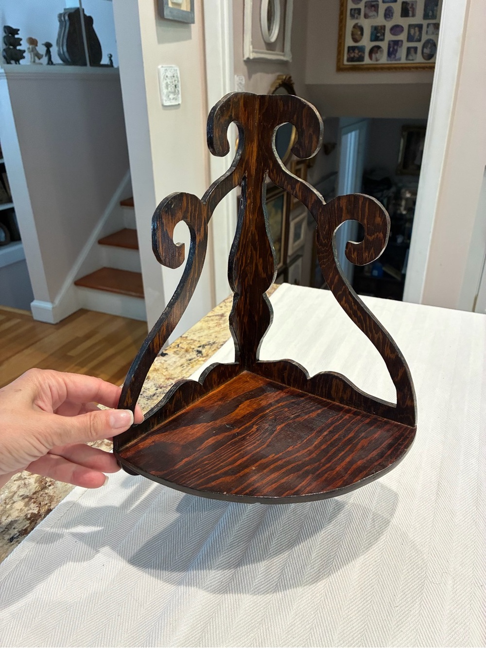 Vintage Wooden Fretwork Corner Shelf - scroll Cut Dark Brown Accent
